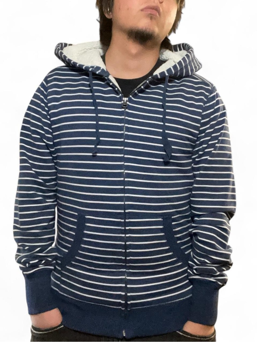 Faded Glory Blue and White Striped‎ Sherpa Lined Full-Zip Hoodie